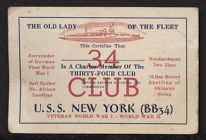 U.S.S. NEW YORK (BB34) Charter Member of the 34 Club Membership Card